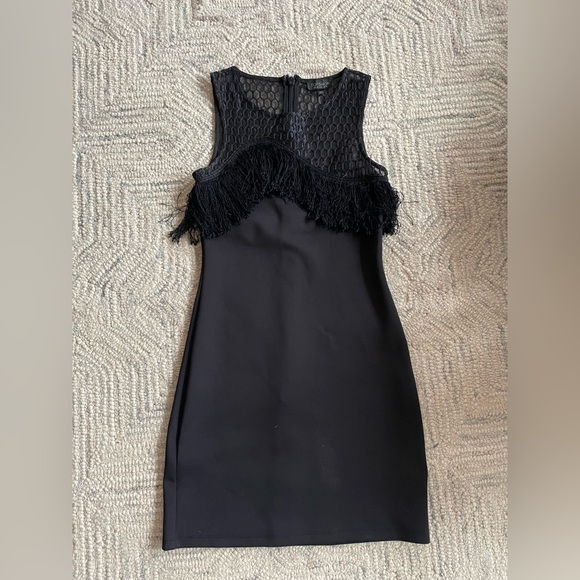 TopShop Mini Black Dress with Mesh Asymmetrical Neckline and Fringe Bodice - Picture 2 of 7